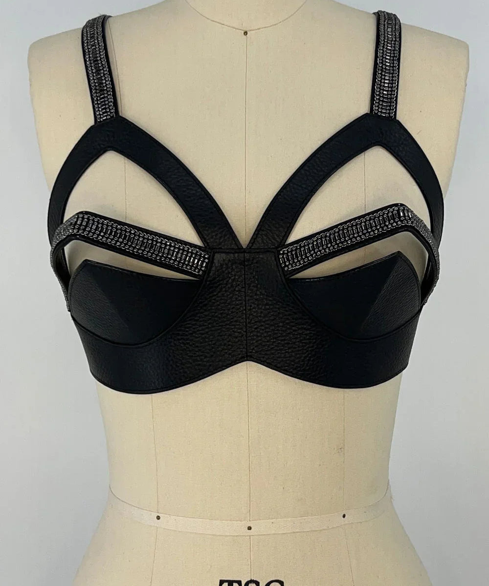 handcrafted modular zeitan leather beaded bra top by object and dawn on mannequin