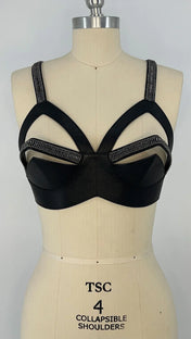 handcrafted modular zeitan leather beaded bra top by object and dawn on mannequin