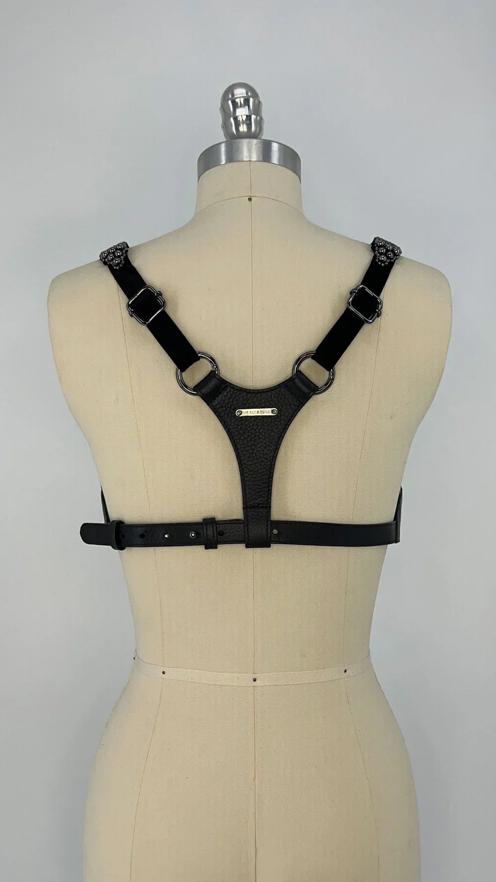 Object & Dawn embellished Zeitan Beaded Leather Bra Top, artisanal fashion accessory, back view