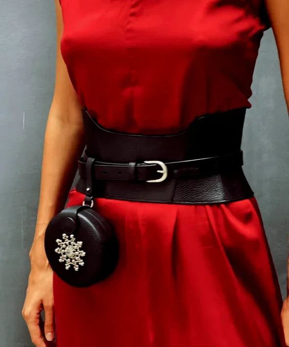 woman in red dress wear corset belt black with beaded leather coin bag by object & dawn