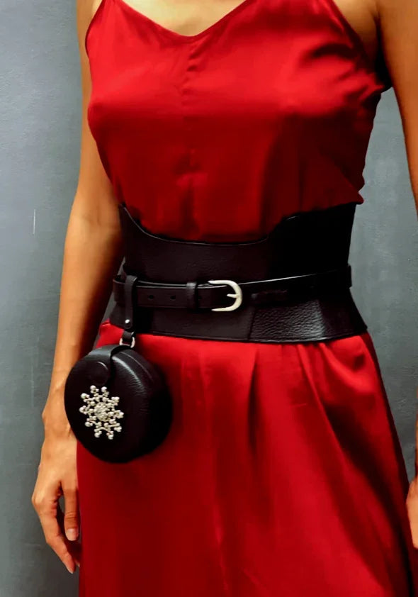 woman in red dress wear corset belt black with beaded leather coin bag by object &amp; dawn