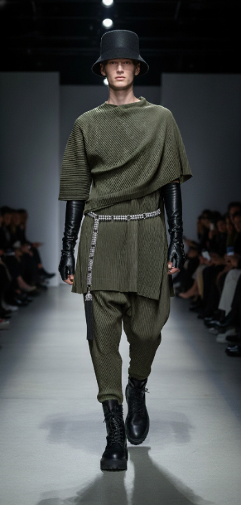 Man walking on a runway wearing a green outfit with and Beaded Belt on black boots and hat by Object & Dawn.