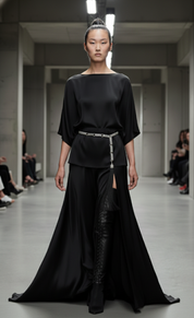 Woman wearing a black outfit with Beaded Chain Belt by Object & Dawn on a runway.