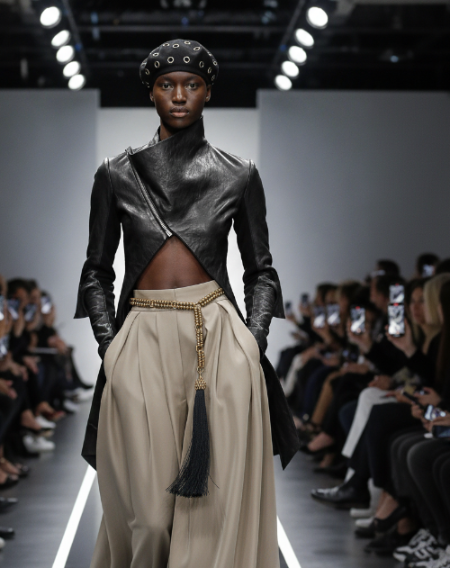 Woman walking on a fashion runway wearing a metallic top and beige pants with Beaded Chain Link Belt by Object & Dawn.