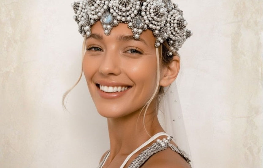 Woman wearing a decorative headpiece with a neutral background