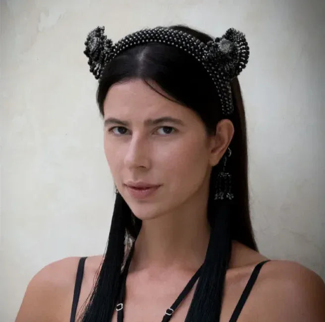 Woman with Tamoe SIlk Harness Skirt  wear jet black Jas Headband by Object&Dawn