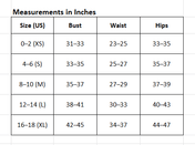 table size chart in inch
