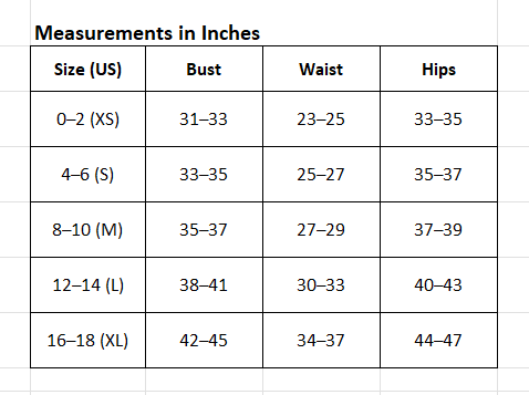 table size chart in inch