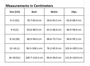 Measurement chart for clothing sizes in centimeters