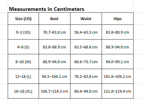 table sizing chart in centimeters