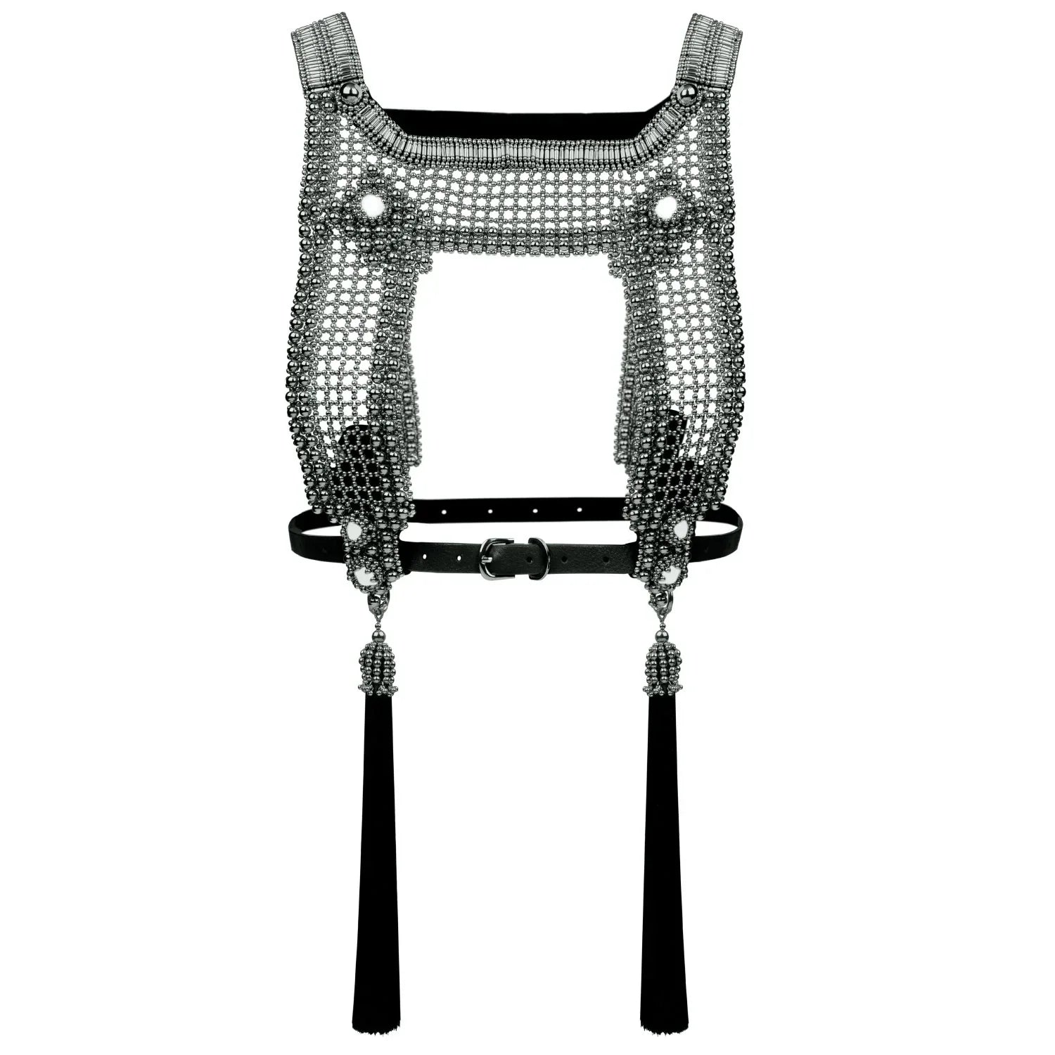 ghost image of beaded silver harness against a white background