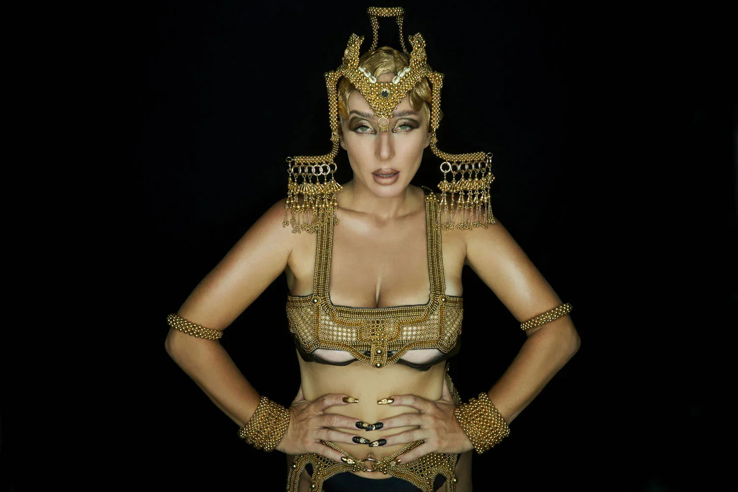 Object & Dawn Artemisia 4D Supple Cuff in gold, modular fashion, ghost image side view with headpiece and khutulun top