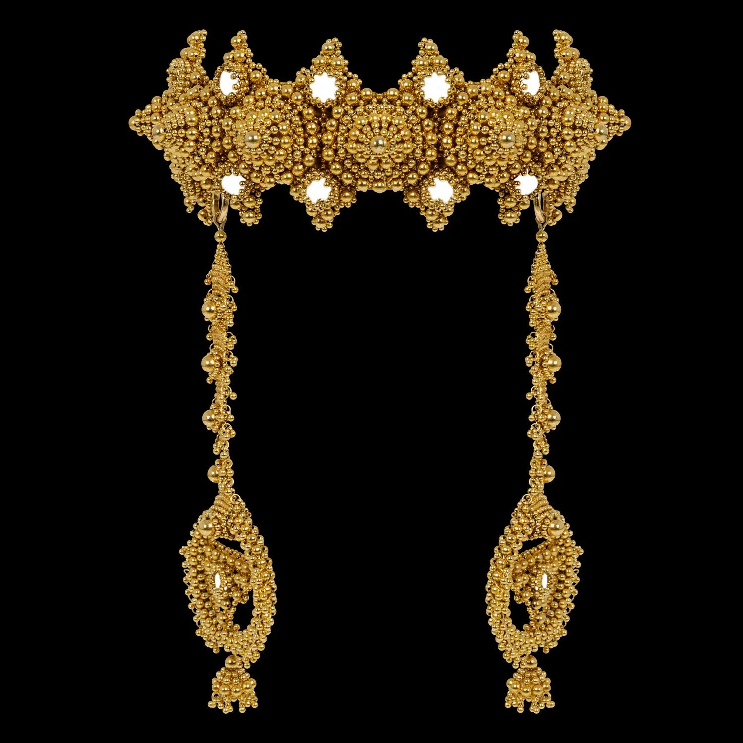 handcrafted modular crown from fully coated silver beads with 22k gold wash in black background
