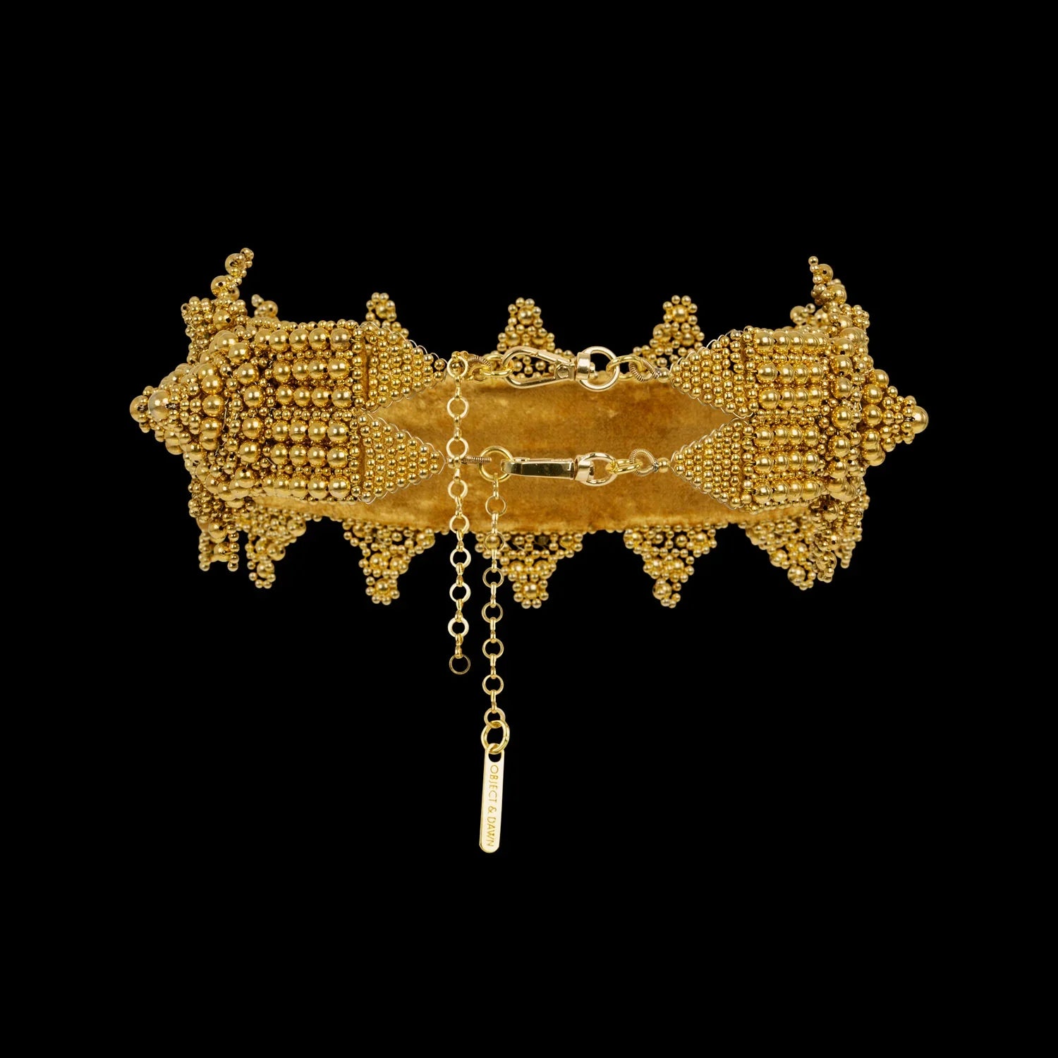 Object&Dawn handcradted modular crown in gold from fully coated silver beads with 22k gold wash in black background