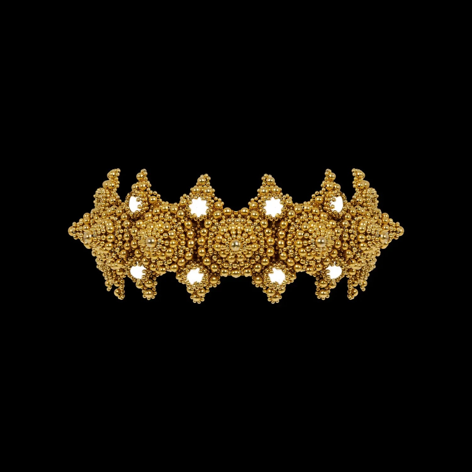 Object&Dawn handcradted modular crown in gold from fully coated silver beads with 22k gold wash in black background