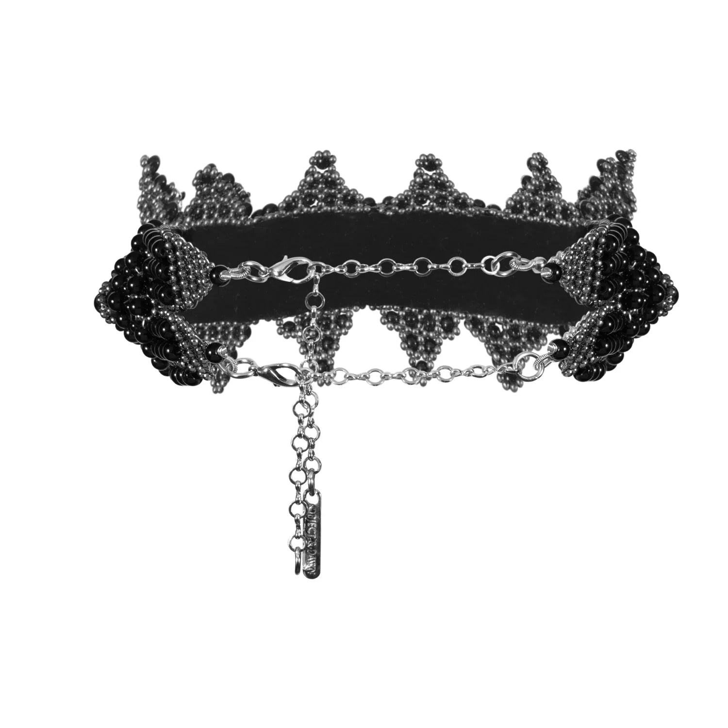 handcrafted modular crown with silver coated polymer beads and black crystal by object and dawn ghost image in white background front view
