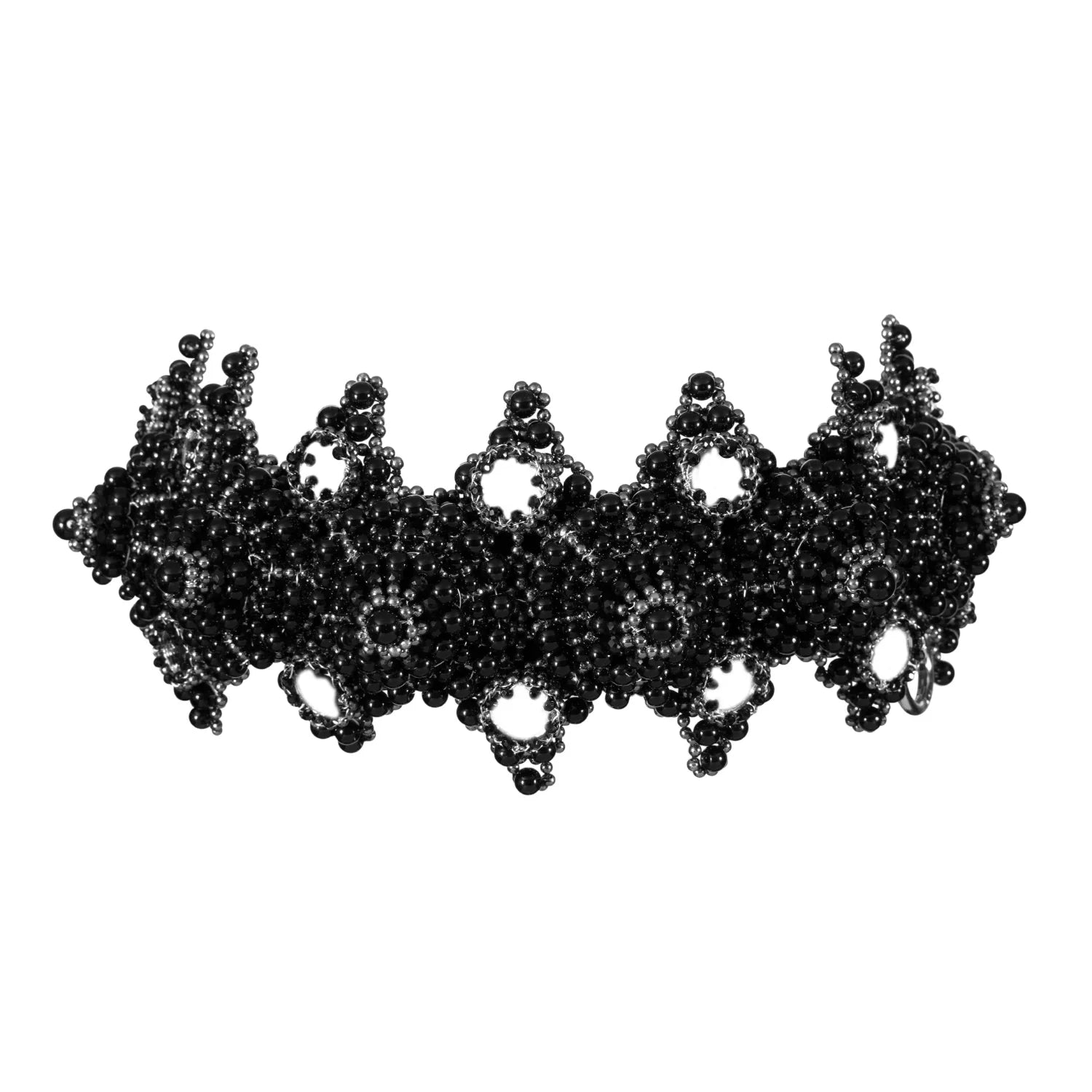 handcrafted modular crown with silver coated polymer beads and black crystal by object and dawn ghost image in white background front view