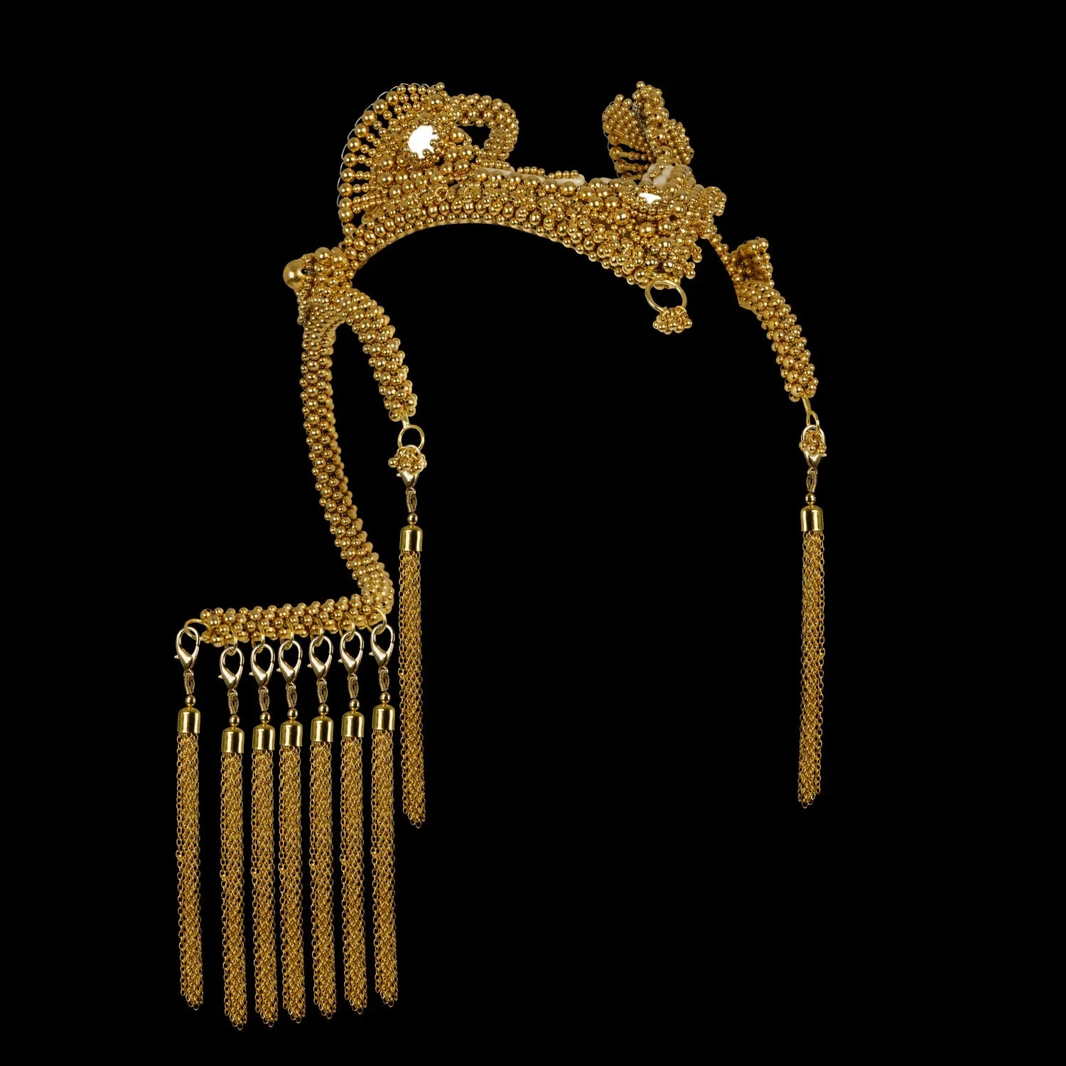 modular beaded jas headpiece system from 22 gold washed metal beads from object and dawn in black background