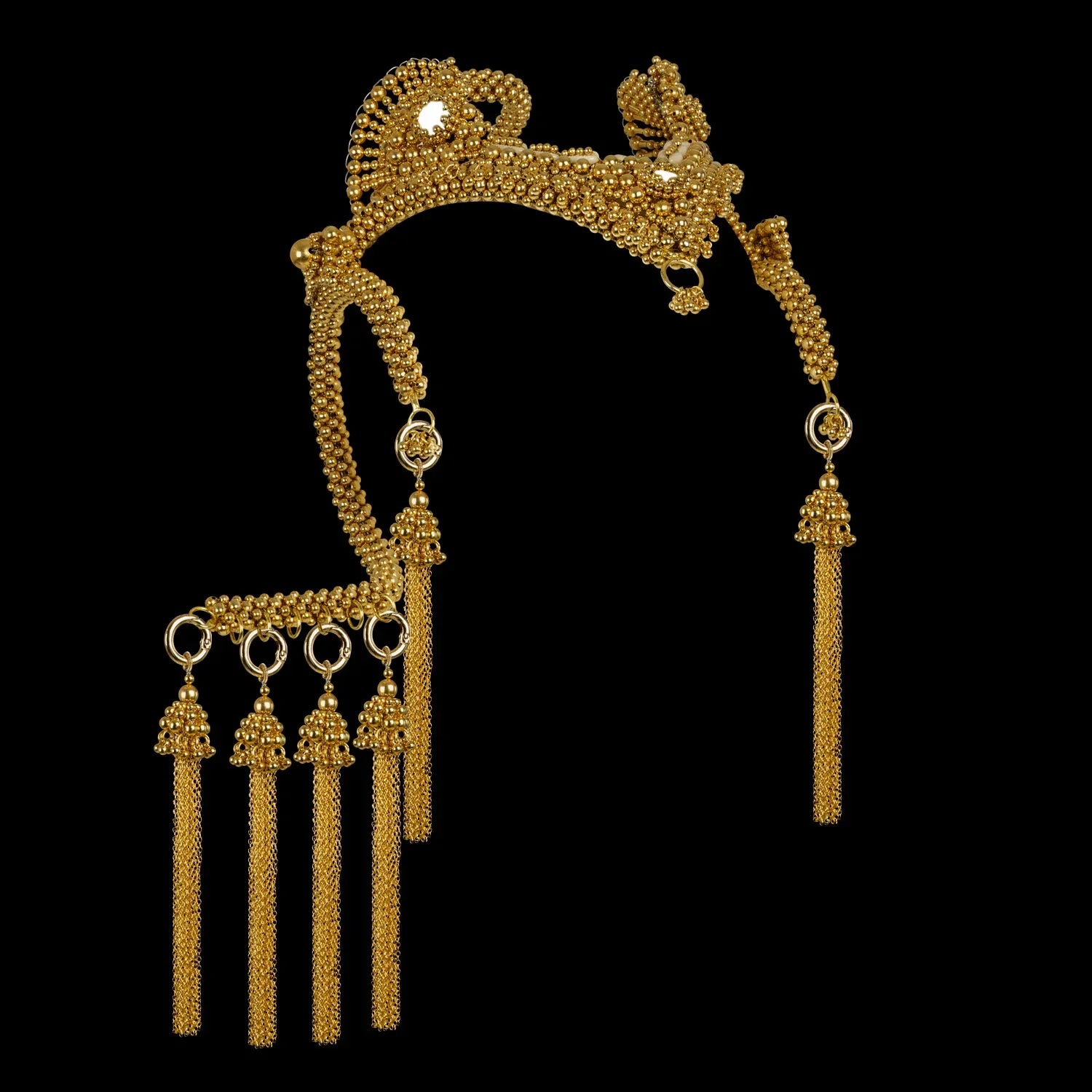 Handcrafted beaded modular headpiece system gold in black background by Object and Dawn