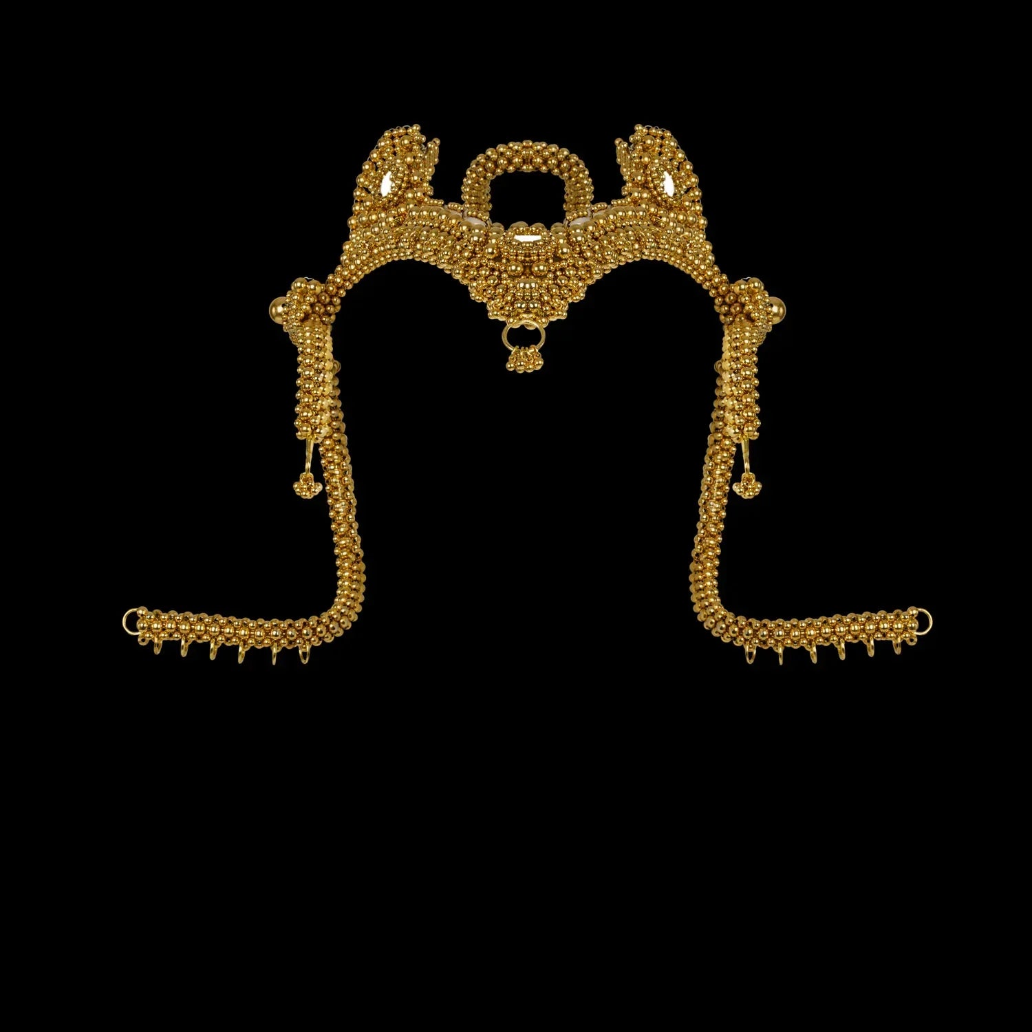 modular beaded jas headpiece system from 22 gold washed metal beads from object and dawn in black background front