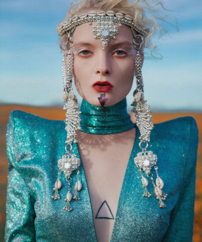 blond woman wearing Rushi Modular Headpiece System by Object & Dawn. A silver beaded crown with side panels that hang to the woman's chest.