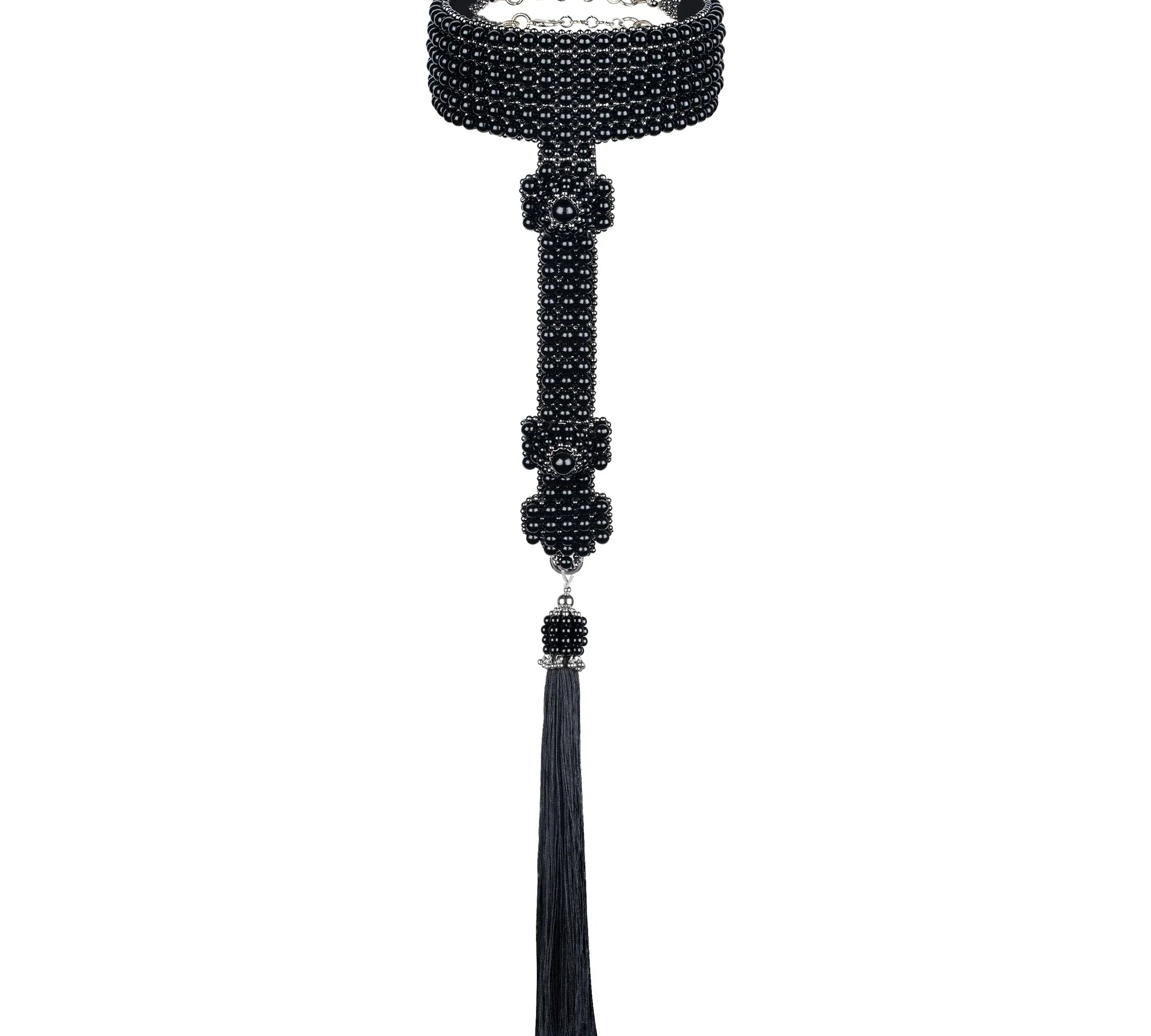 Elohim T-Choker by Object and Dawn constructed entirely by hand with intricate black glass beads and high-quality, gunmetal-plated brass beads that are coated in polymer to preserve shine and ensure the item is hypoallergenic.  Ethically made with secret ancient techniques by our skilled artisans, each piece takes several days to make. Fully lined by hand in velvet for your ultimate comfort.